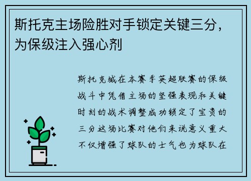 斯托克主场险胜对手锁定关键三分，为保级注入强心剂